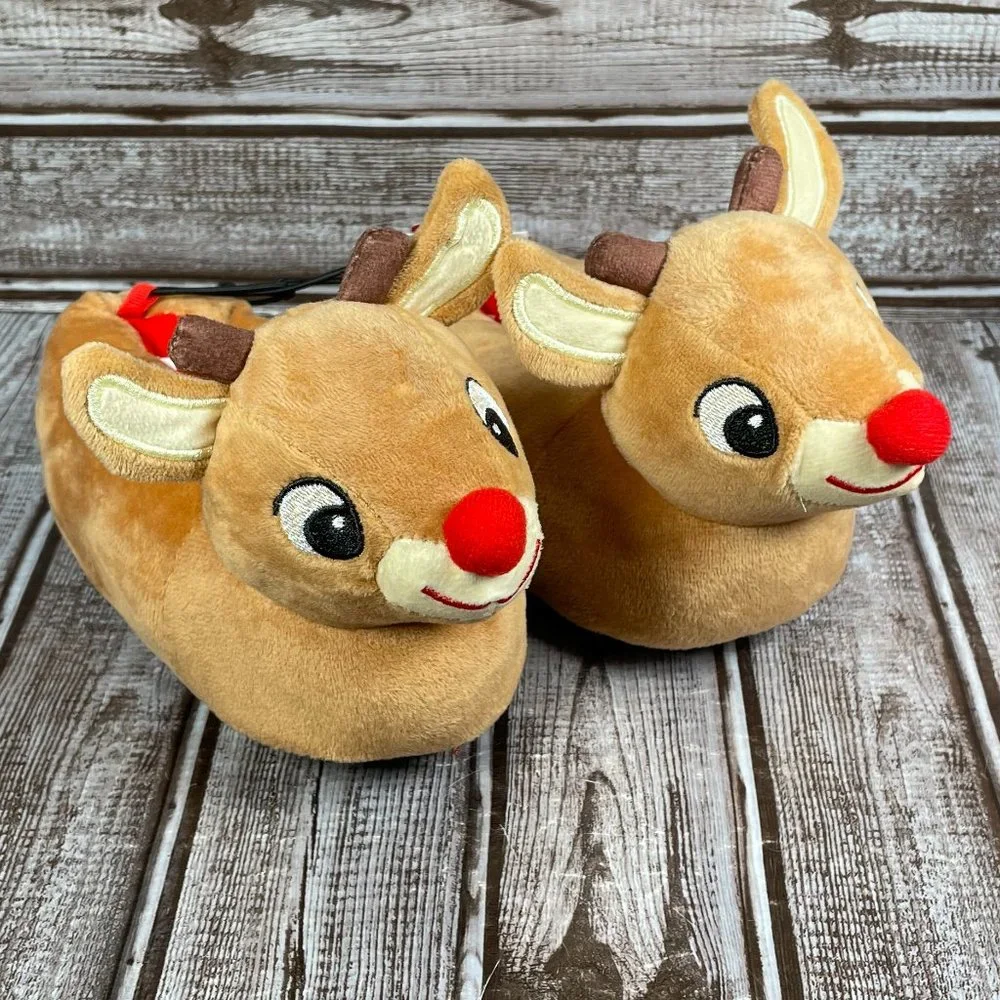 RUDOLPH THE RED NOSED REINDEER Kids Youth Unisex 5-6 Brown 3D SLIPPER NWT NEW